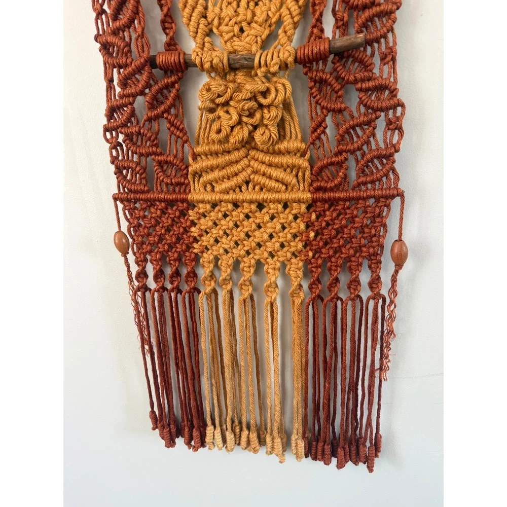 Vintage 70s Macrame Owl Wall Hanging Boho Fiber Art Terracotta Mustard Rust